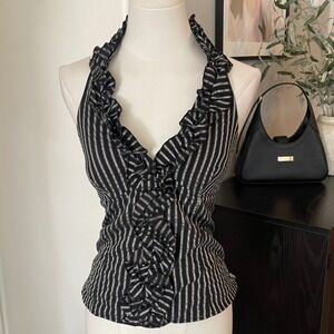Truth Halter Top Women Small Black White Striped Excellent Ruffle Smocked Y2K